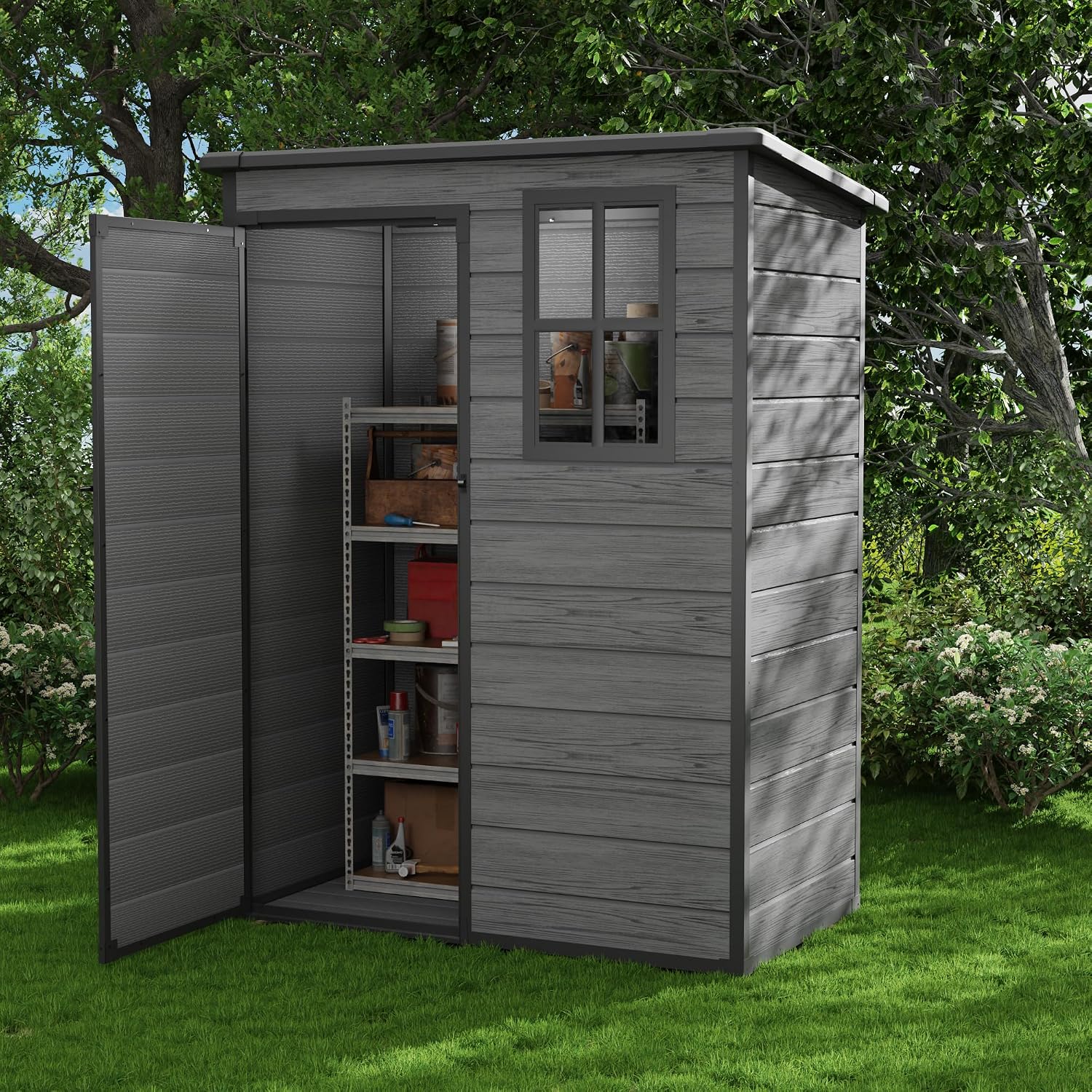 UDPATIO Outdoor Storage Shed 5x3 FT, Plastic Garden Shed for Bike, Garbage Can, Tool, Outside Resin Shed with Lockable Door for Backyard, Patio, Lawn, Dark Grey