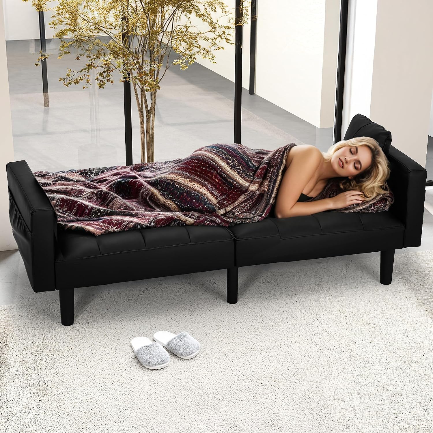 ECOTOUGE Futon Sofa Bed, 74' Convertible Sofa Bed with Adjustable Backrest Modern Loveseat Sleeper Sofa with 2 Pillow & Side Pockets Faux Leather Futon Couch for Living Room, Bedroom, Office, Black