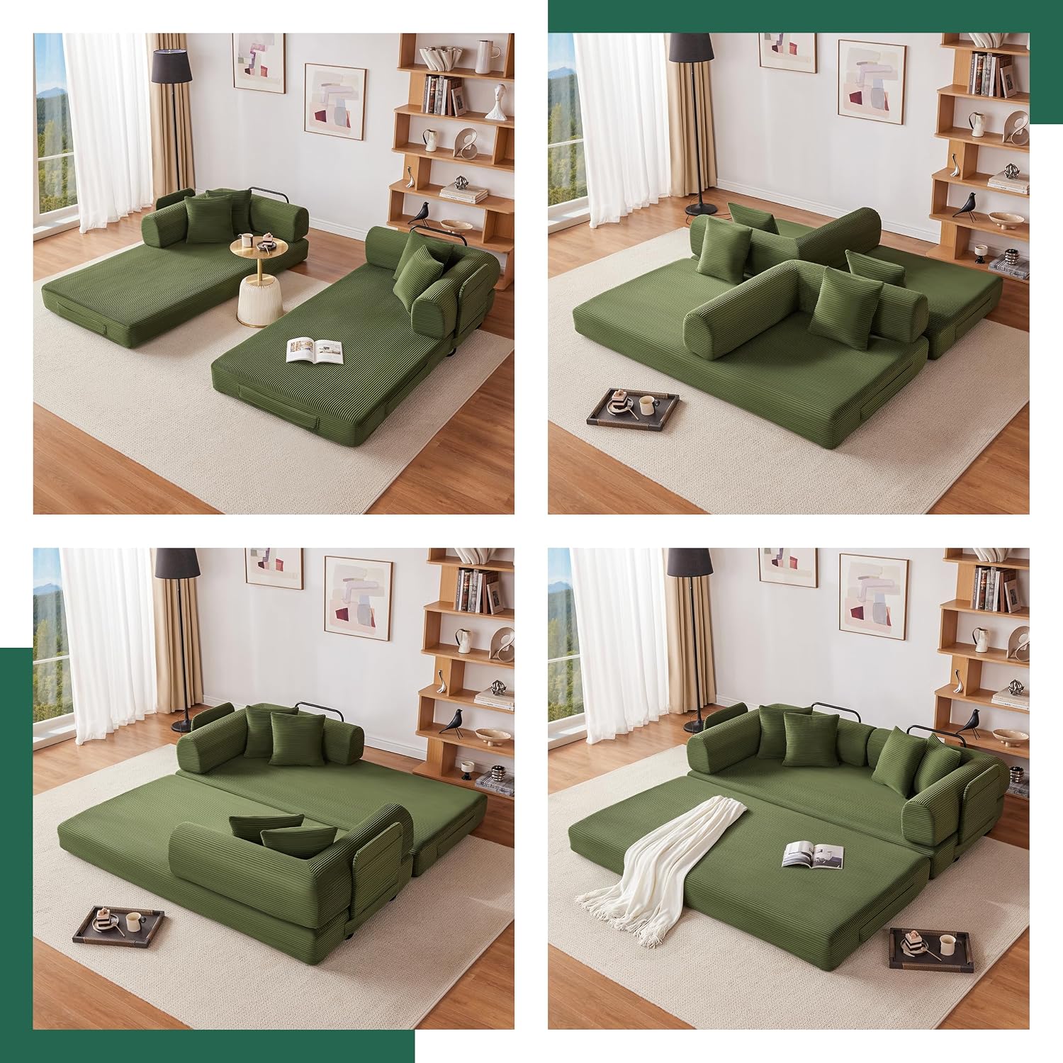 78 Inch Corduroy Convertible Sleeper Sofa Bed, 4-in-1 Oversized Futon Boneless Couches for Living Room with Fixed-Shape Frame, Loveseat Sleeper with Pull Out Bed, No Assembly, Olive Green