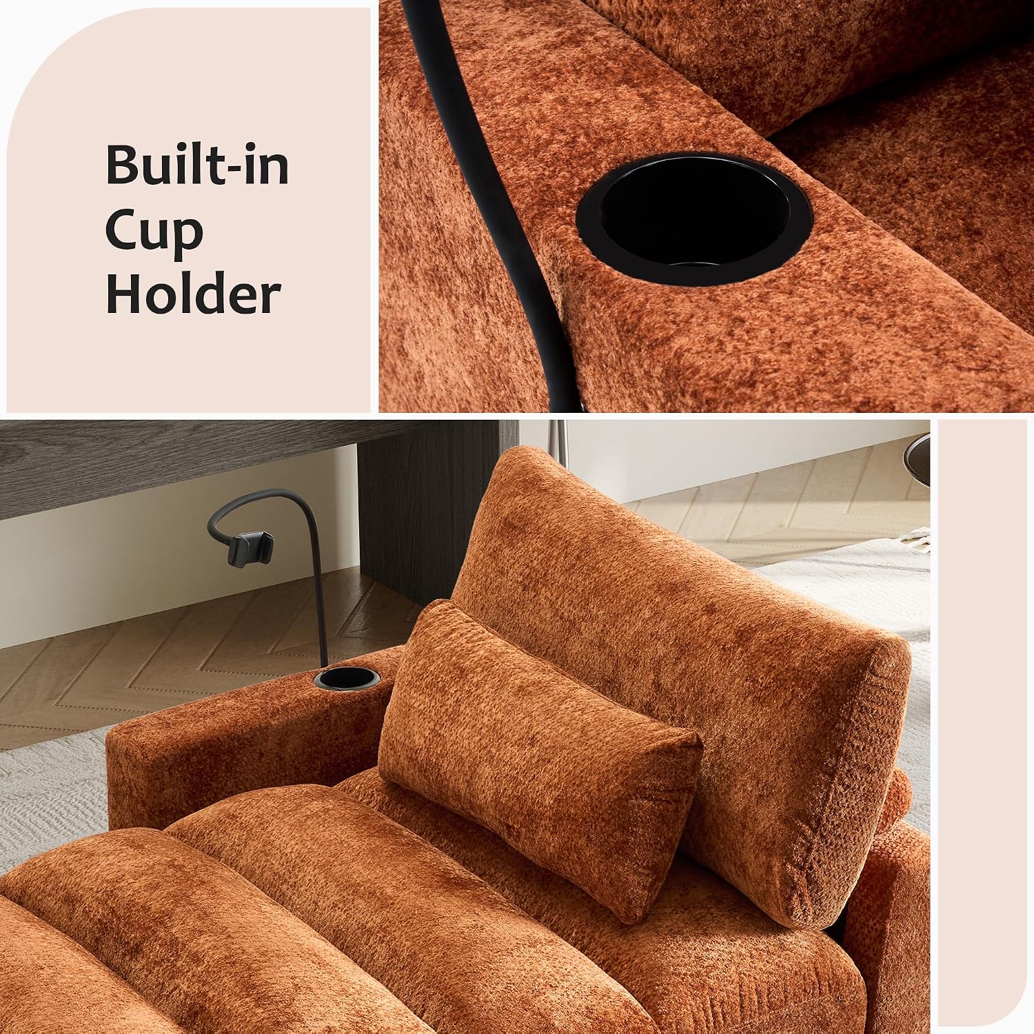 Yoglad Oversized Recliner Lounge Chair with USB Charging & Phone Holder - 400lb Heavy Duty Soft Chenille Reading Chair for Adults, Perfect for Small Spaces in Bedroom/Living Room, Orange
