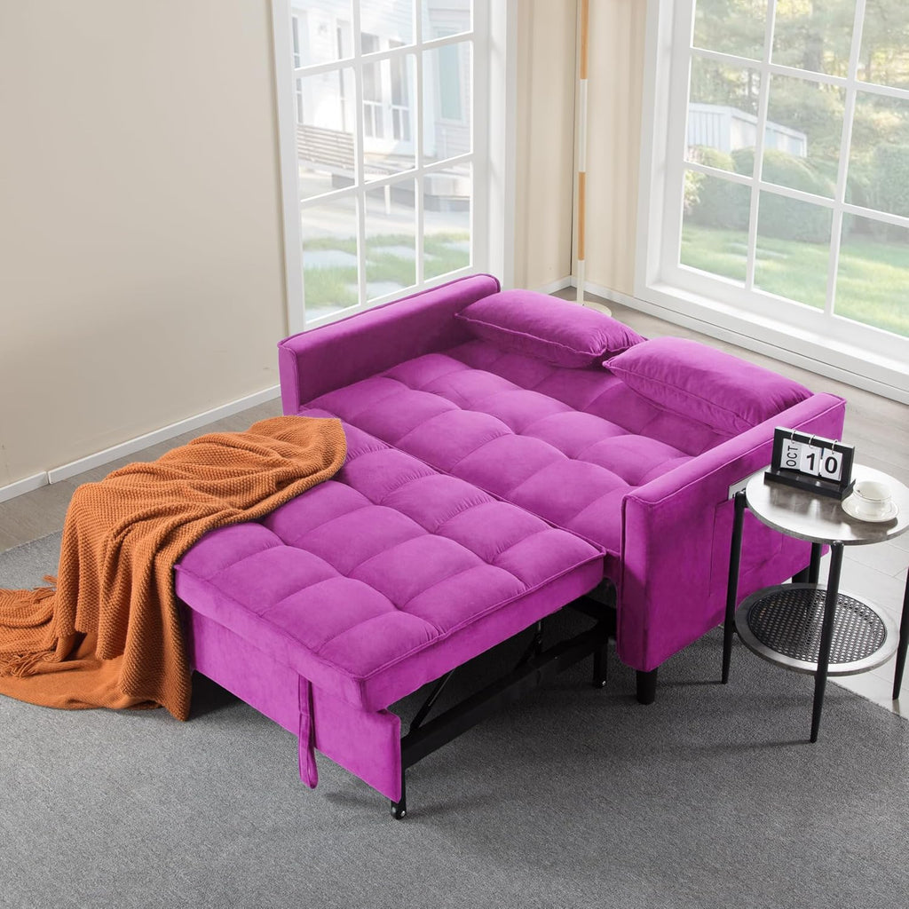 3 in 1 Convertible Sofa Bed, Love Seat Sleeper Bed with Side Pockets, Velvet Fabric Pull Out Couch with Adjustable Backrest for Living Room, Bedroom, Apartment, Deep Pink