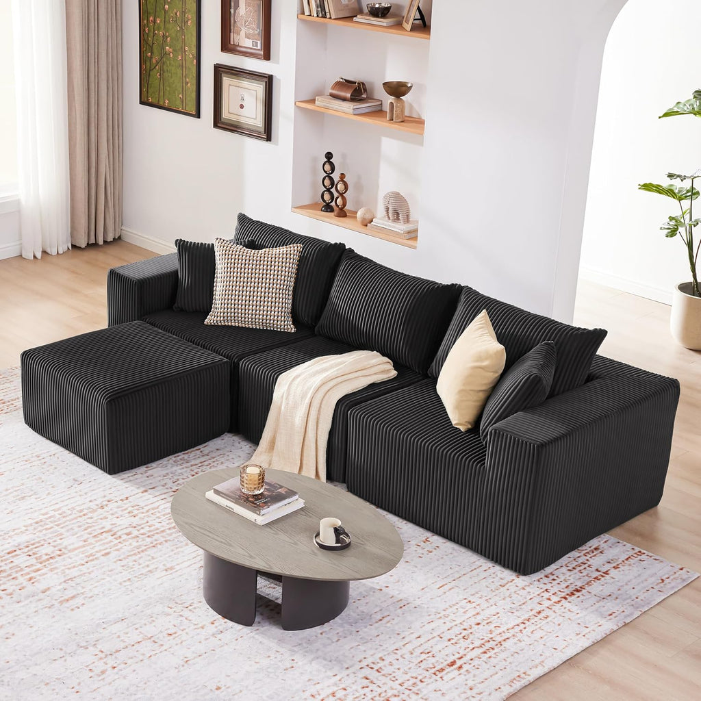 Weture 107.4' Cloud Couch Sectional, Modular Sofa with Deep Seat, Plush Corduroy L Shaped Boneless Couch, Convertible Sectional Couches for Living Room, 4Seat, Black