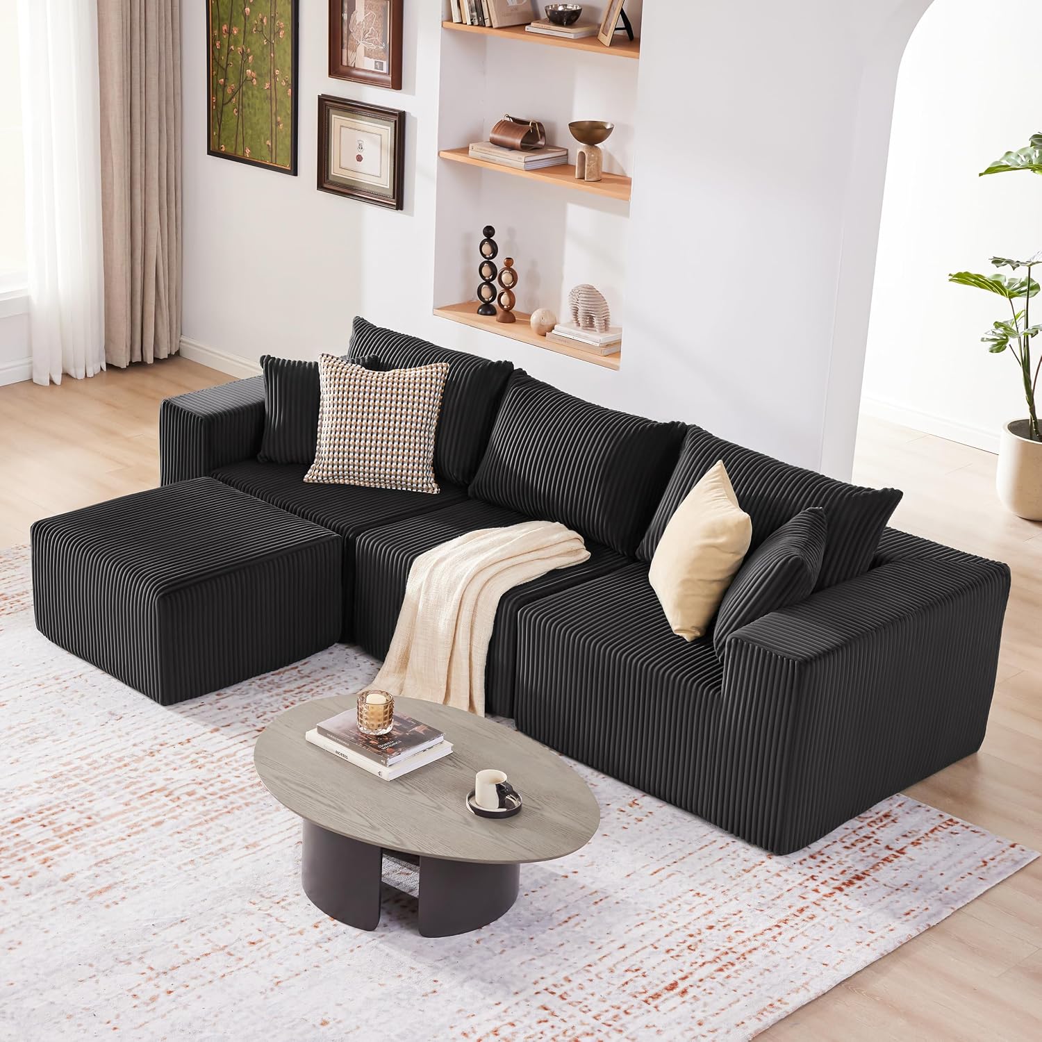 Weture 107.4' Cloud Couch Sectional, Modular Sofa with Deep Seat, Plush Corduroy L Shaped Boneless Couch, Convertible Sectional Couches for Living Room, 4Seat, Black