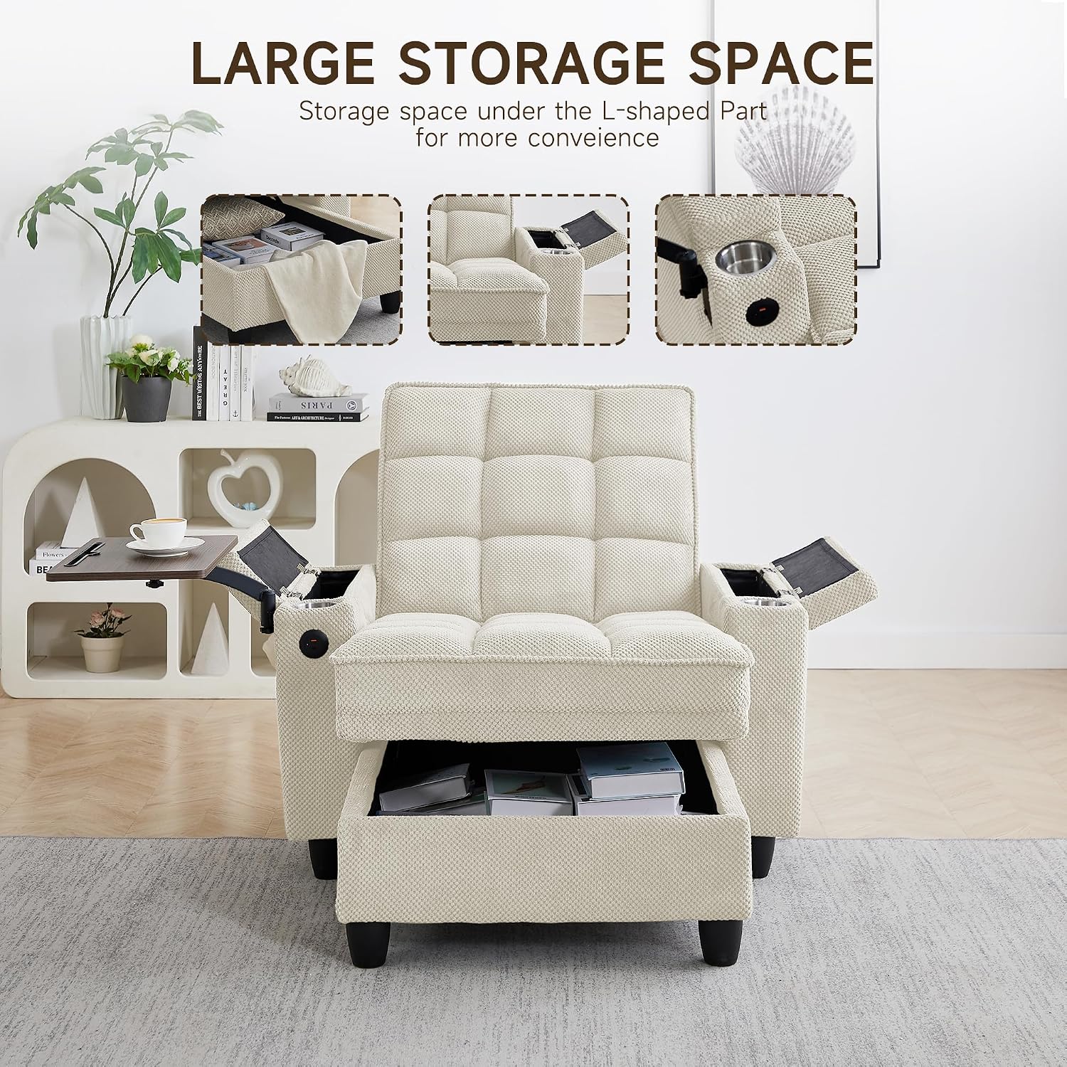 41.7' Oversized Chaise Lounge Chair Indoor, Boucle Upholstered Sofa Bed with Adjustable Backrest, Deep Seat Reading Chair, Sofas Couches for Living Room, Storage, Cup Holders & 360° Swivel Side Table
