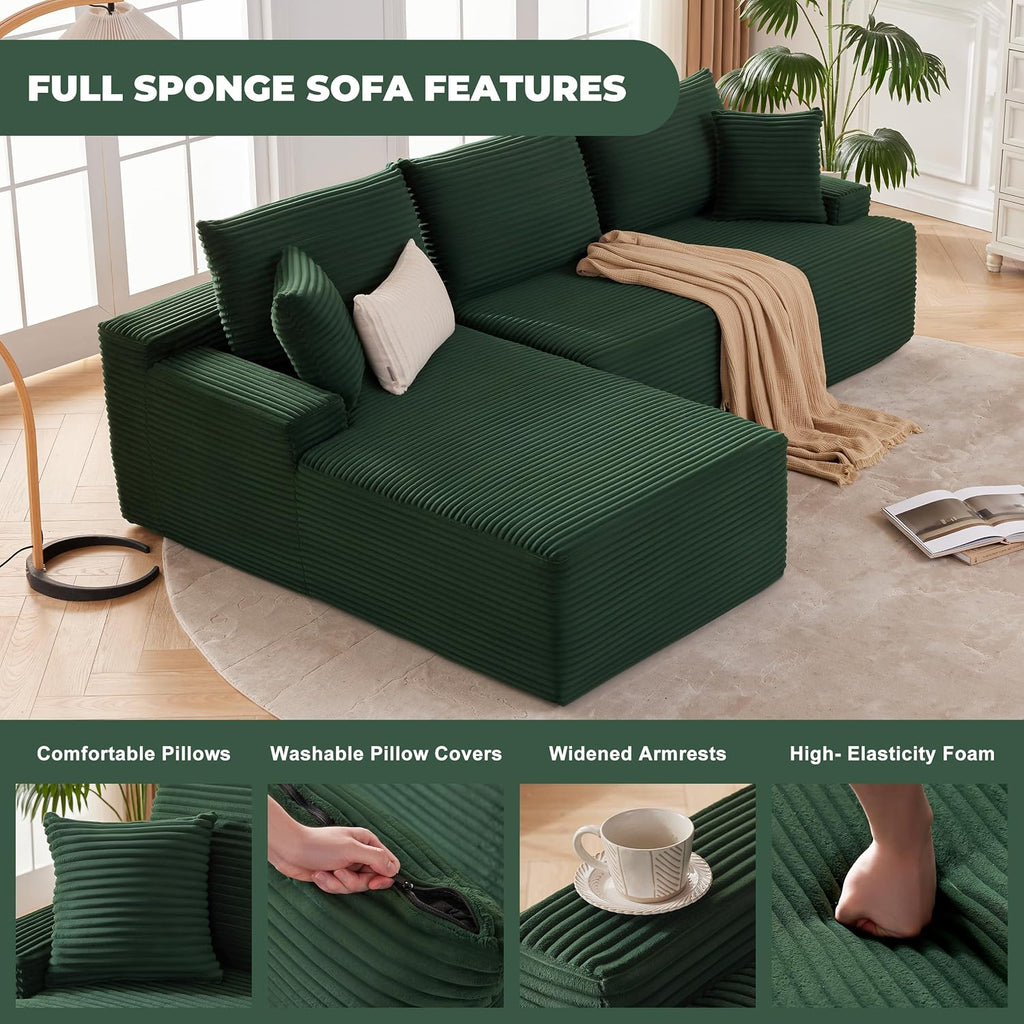 Mangodan Cloud Sectional Couch, Modular Sectional Sofa for Living Room, Fluffy Comfy Couch with L-Shaped Chaise, Boneless Sofa with Deep Seat, No Assembly Required, Green