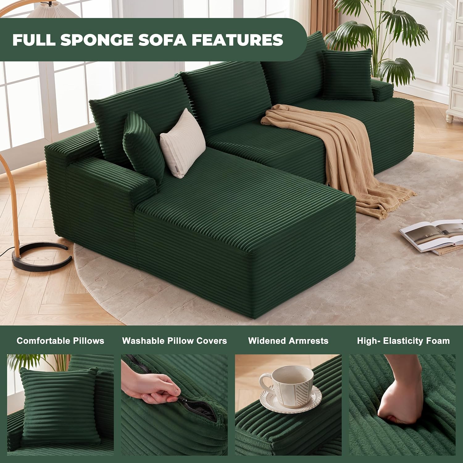 Mangodan Cloud Sectional Couch, Modular Sectional Sofa for Living Room, Fluffy Comfy Couch with L-Shaped Chaise, Boneless Sofa with Deep Seat, No Assembly Required, Green