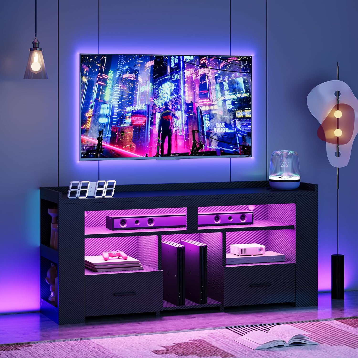 IRONCK TV Stand for 65 Inch TV, Carbon Fiber Entertainment Center with 2 Drawers, Charging Station & RGB LED Light, Gaming Media Console for PS4, Bedroom, Living Room, Black