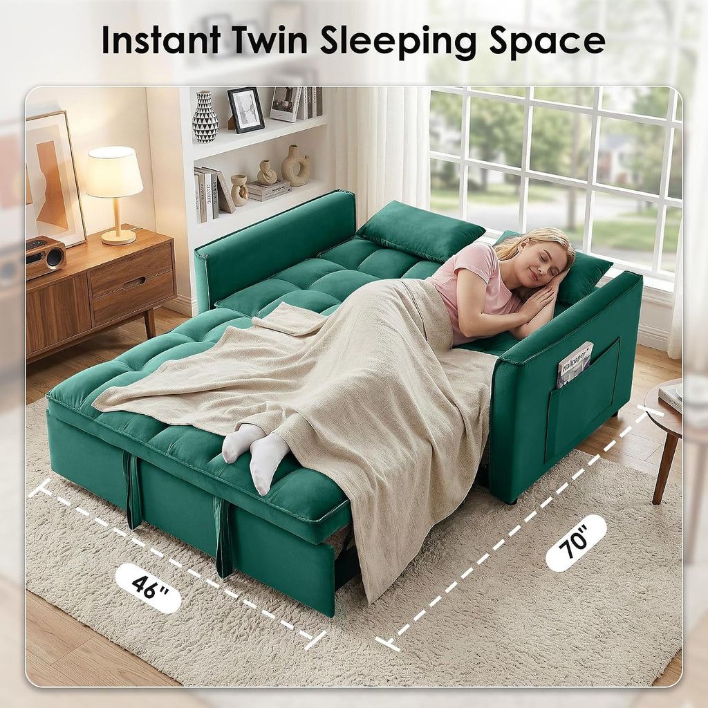 3 in 1 Convertible Sleeper Sofa Bed, 55' Pull Out Couches, Modern Loveseat Sleeper Sofa with Adjustable Reclining Backrest & Side Pockets for Living Room, Velvet Fabric, Green