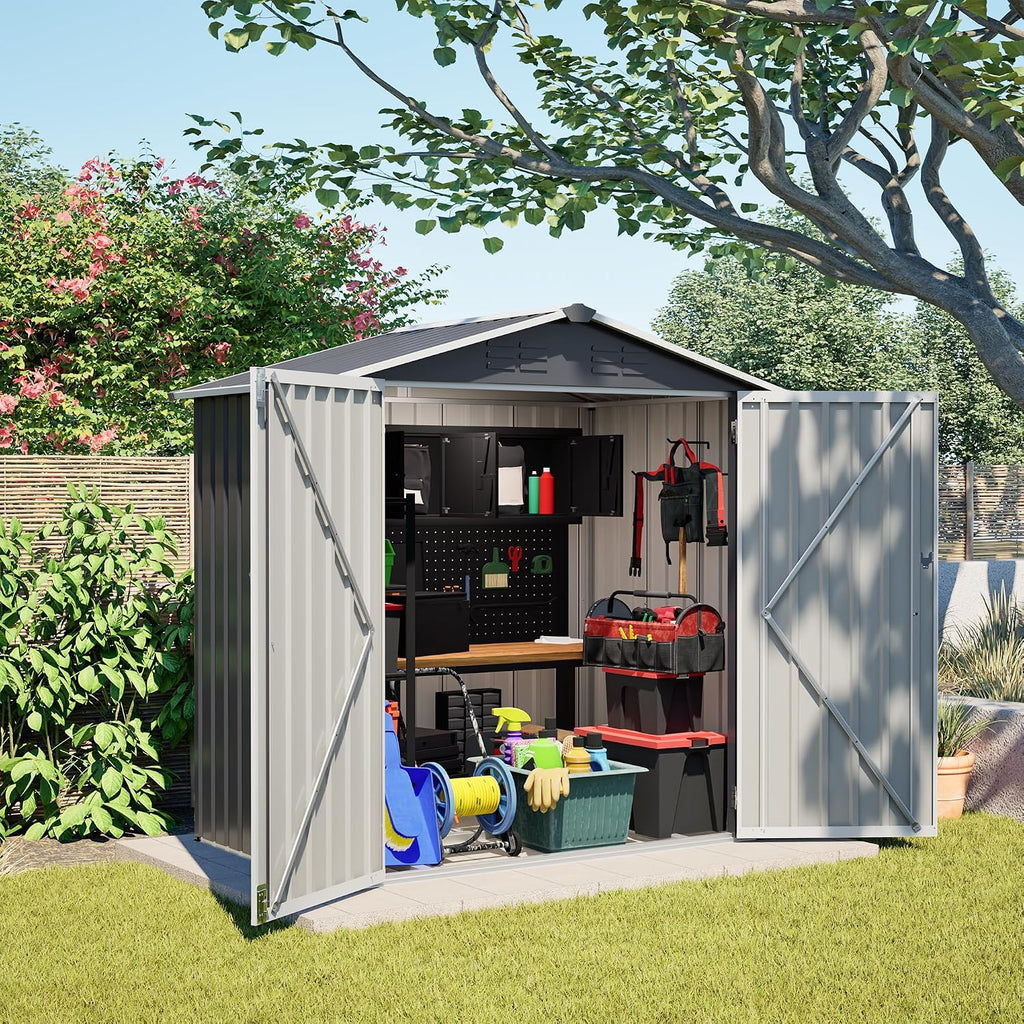 YOPTO 6 x 4 FT Outdoor Storage Shed with Floor Base & Lockable Hinge Door,Metal Garden Shed W/Sloped Roof,for Backyard Patio Lawn,Gray