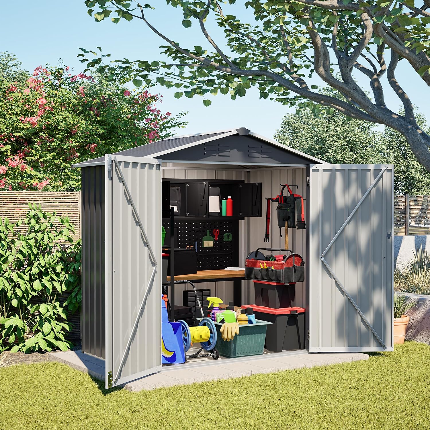 YOPTO 6 x 4 FT Outdoor Storage Shed with Floor Base & Lockable Hinge Door,Metal Garden Shed W/Sloped Roof,for Backyard Patio Lawn,Gray