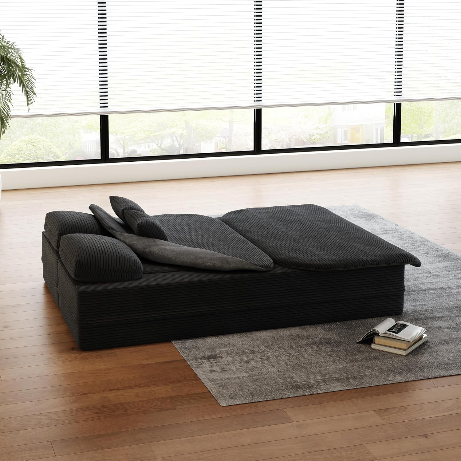 Convertible Folding Futon Sofa Bed, 2-in-1 Corduroy Love seat Sleeper Sofa with Functional Blanket, Foldable Full Size Guest Couch Bed with 4 Soft Pillows for Living Room (Black)