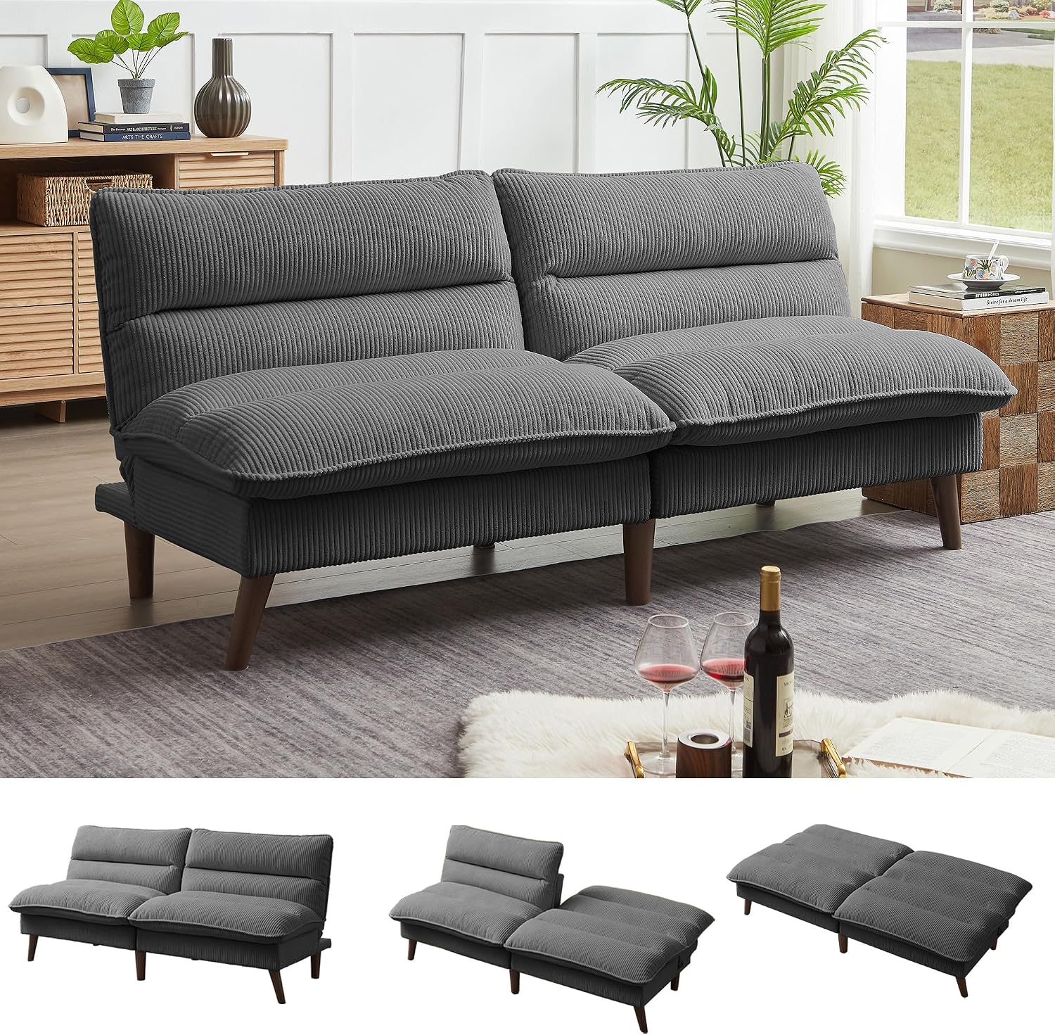 Futon Sofa Bed, 72' Convertible Futon Couch with 3-Level Adjustble Backrest, Modern Loveseat Couch, Folding Recliner Sleeper Sofa for Small Spaces, Living Room, Apartment, Guest Room, Dark Grey
