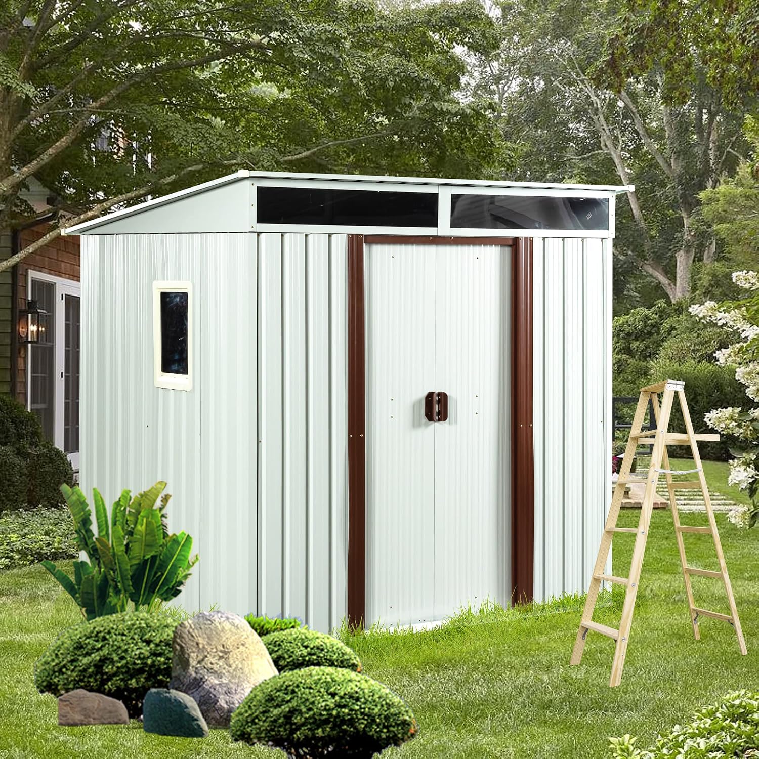 KEIKI 6x5 FT Outdoor Metal Storage Shed with Sloped Roof,Window,Transparent Plate and Lockable Sliding Door for Garden Yard