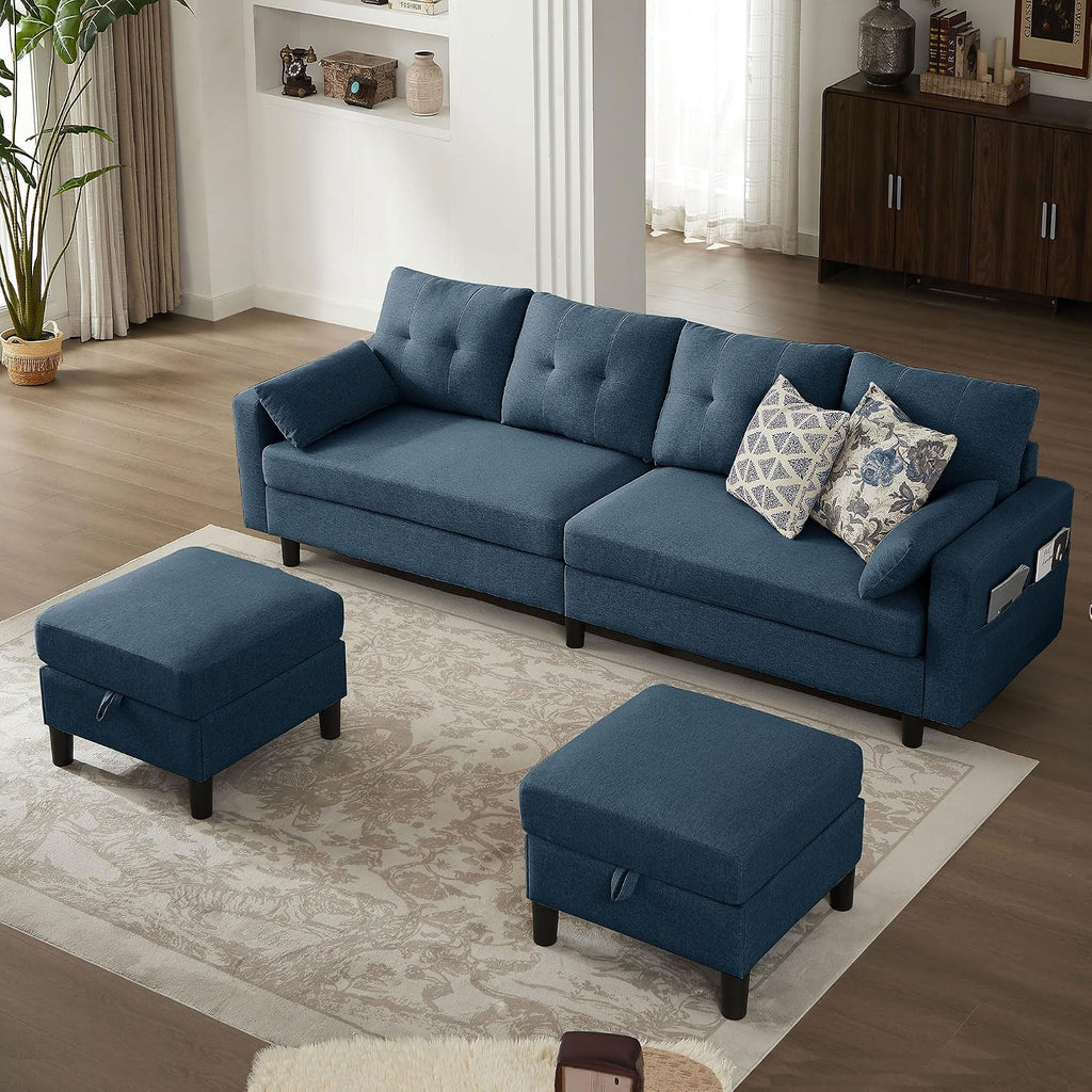 101' Convertible Sectional Sofa, Modern Linen Fabric U-Shaped Couch with 2 Storage Ottomans and Storage Pocket, 4 Seat Sofa Couches for Living Room, Apartment, Office, Blue