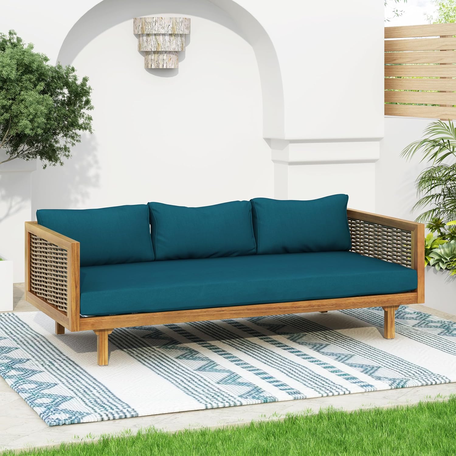 Merax 67.5' Outdoor Patio Daybed 3 Seater Sofa Bed,Acacia Wood Frame with Rattan Arm,Cushion & Pillow for Courtyard