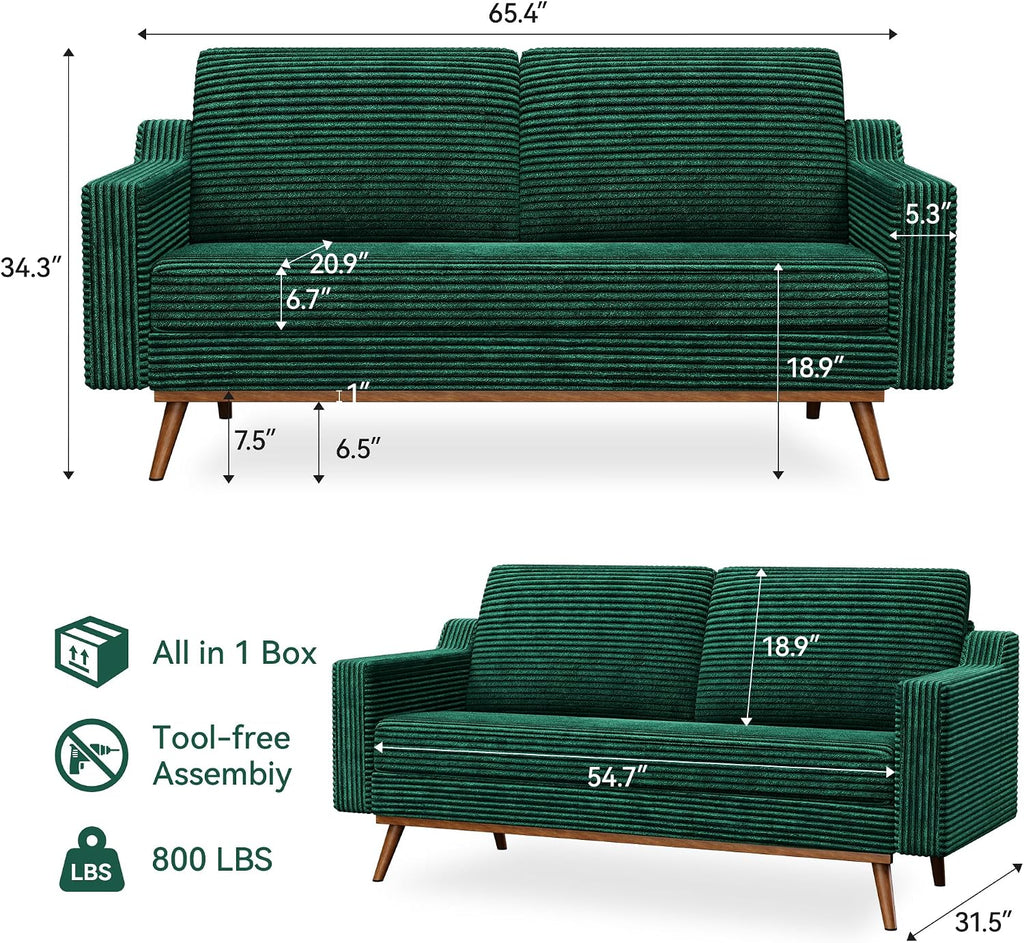 65.4' Loveseat Sofa,Comfy Forest Green Corduroy Love Seat Couches for Living Room,Mid Century Modern Small Couch for Bedroom Office with Spring Cushion,Solid Wood Frame,Tool-Free Assembly