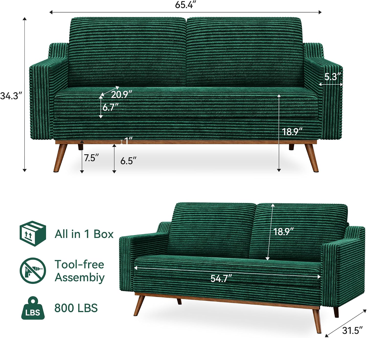 65.4' Loveseat Sofa,Comfy Forest Green Corduroy Love Seat Couches for Living Room,Mid Century Modern Small Couch for Bedroom Office with Spring Cushion,Solid Wood Frame,Tool-Free Assembly