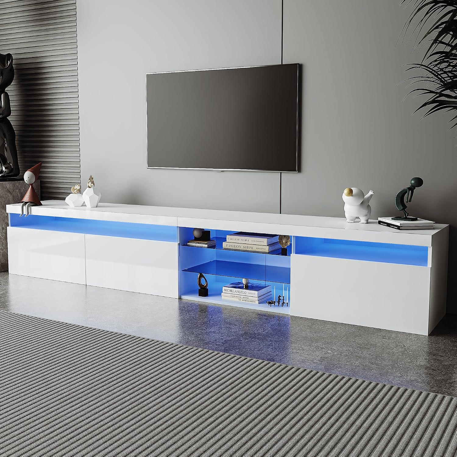 Bellemave LED TV Stand for TVs Up to 105',Ample Storage Space Media Console with 2 Glass Shelves,Versatile TV Cabinet with LED Color Changing Lights for Living Room (White)