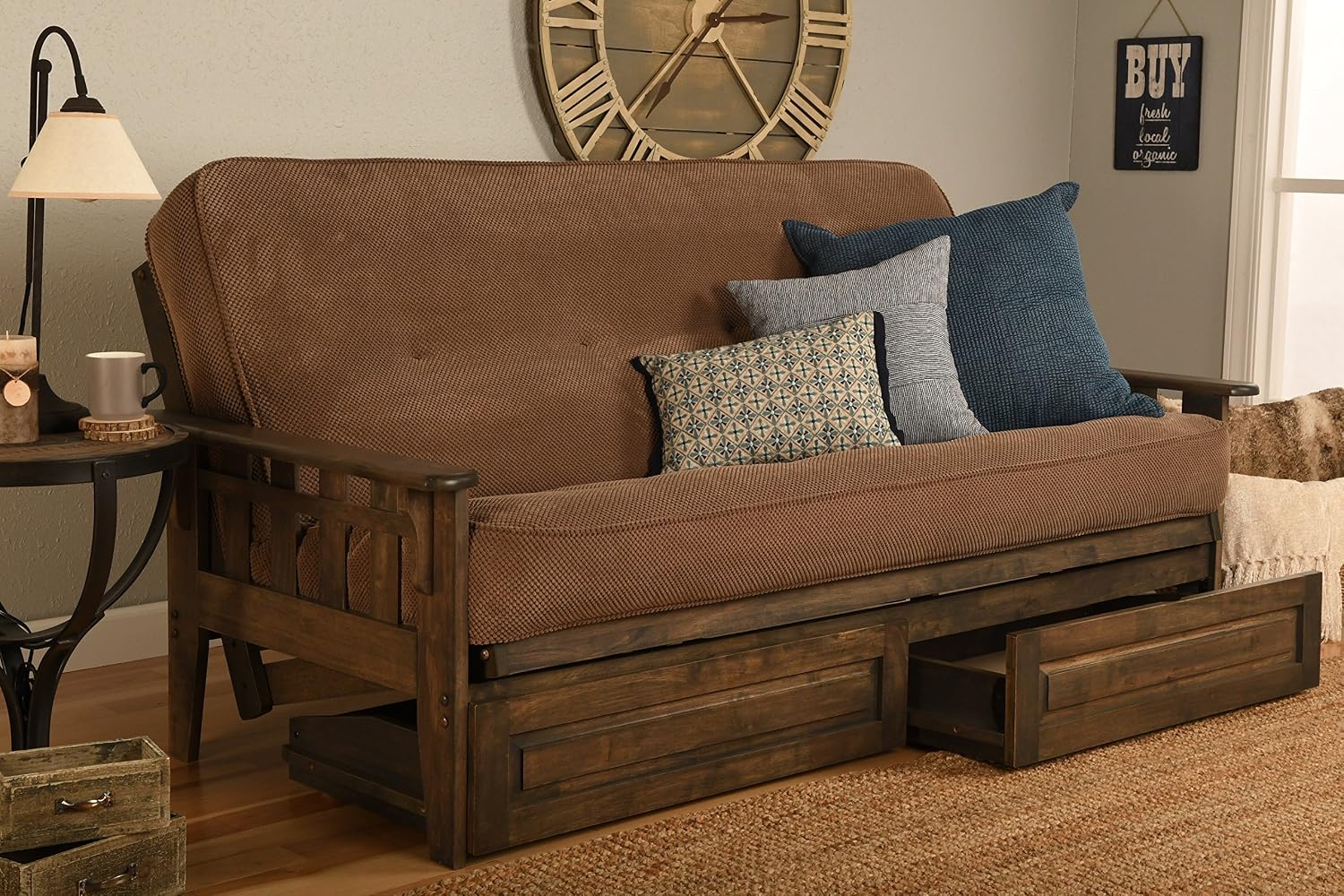 Tucson Rustic Walnut Frame and Mattress Set with Choice to add Drawers, 8 Inch Innerspring Futon Sofa Bed Full Size Wood (Marmont Mocha Matt, Frame and Drawers)