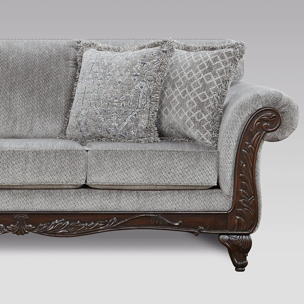 Hernen Carved Wood Frame Sofa, Gray