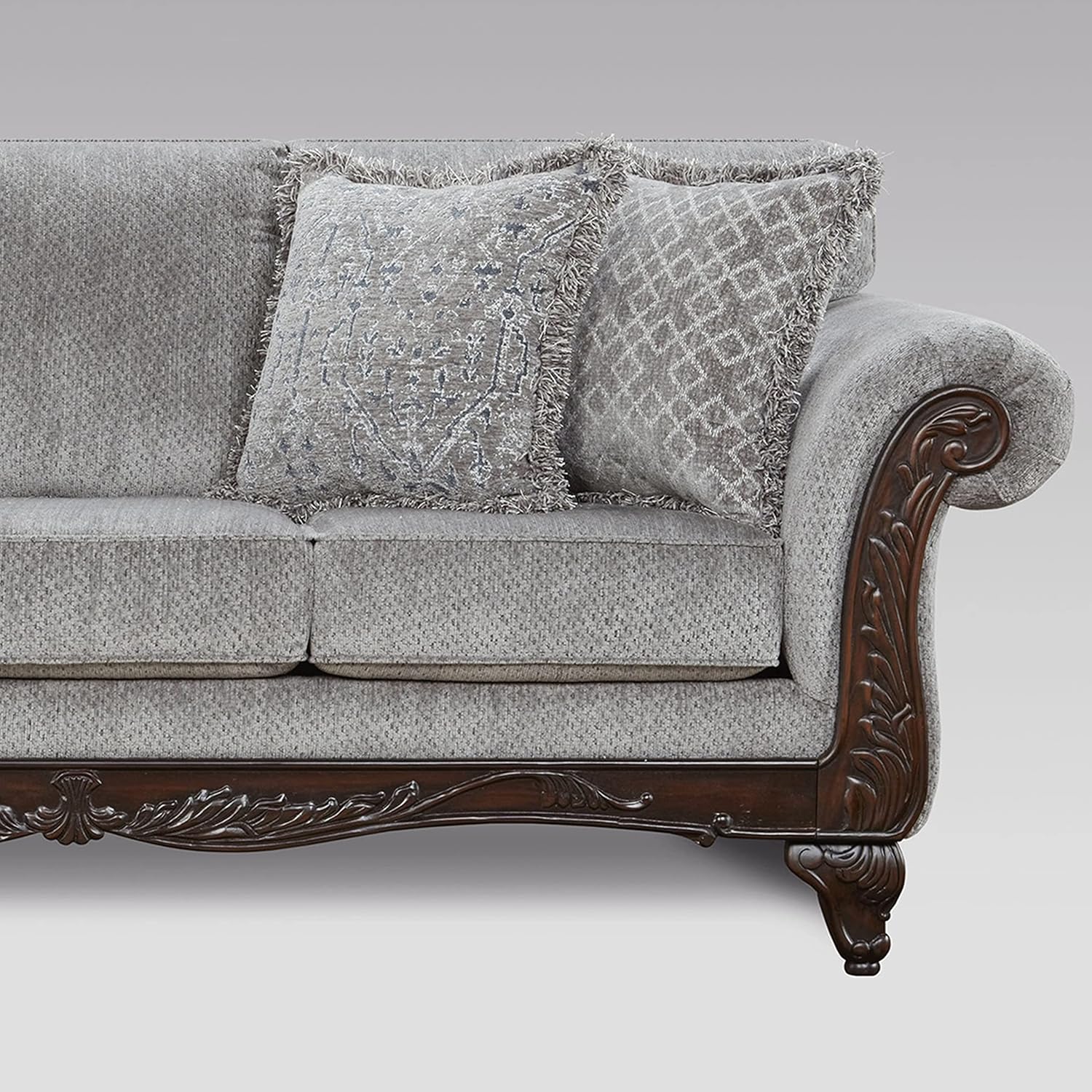 Hernen Carved Wood Frame Sofa, Gray