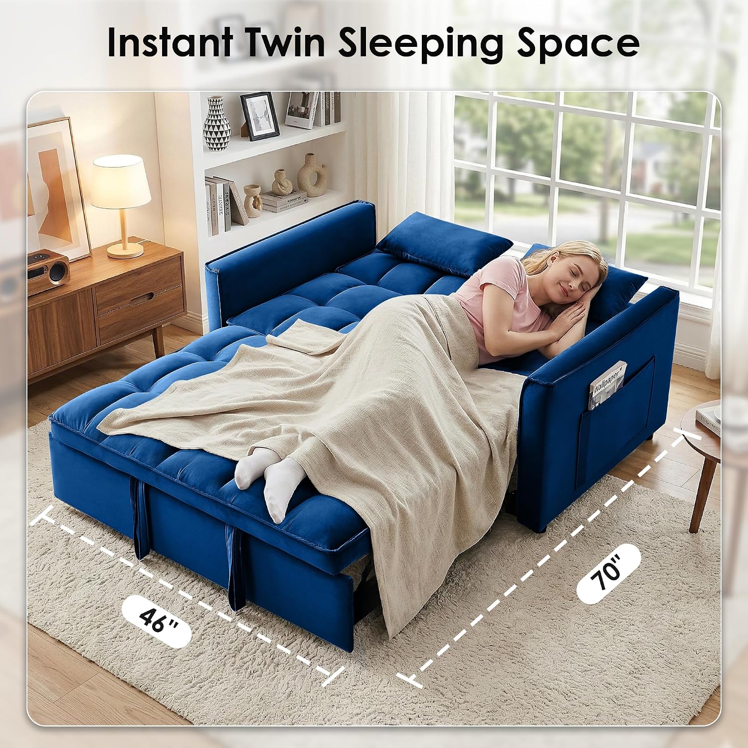 3 in 1 Convertible Sleeper Sofa Bed, 55' Pull Out Couches, Modern Loveseat Sleeper Sofa with Adjustable Reclining Backrest & Side Pockets for Living Room, Velvet Fabric, Blue