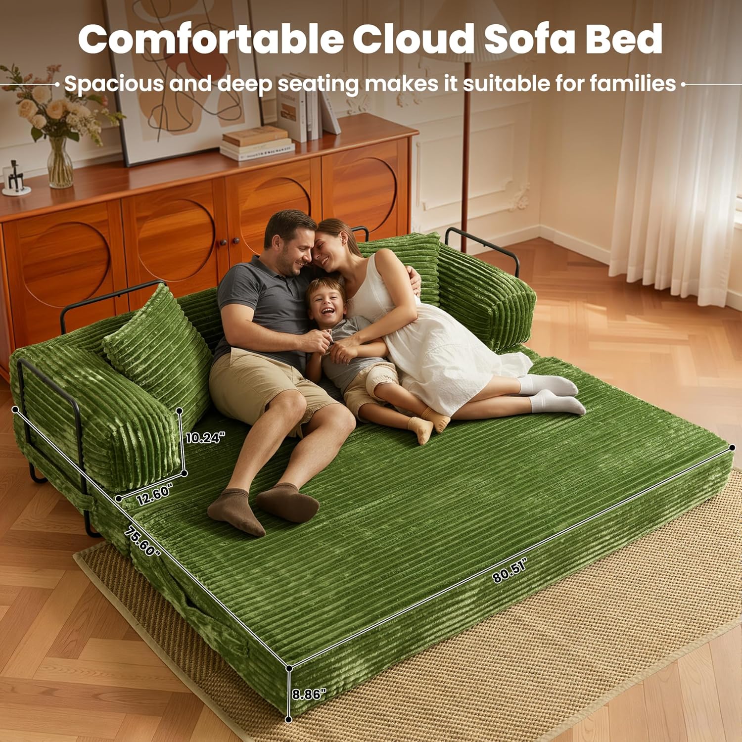 ovios 81' Folding Sofa Bed, Foldable Sleeper Boneless Couch with Pull Out Beds, Modular Convertible Floor Futon Loveseat Lounger for Living Room (Faux Fur, Green)