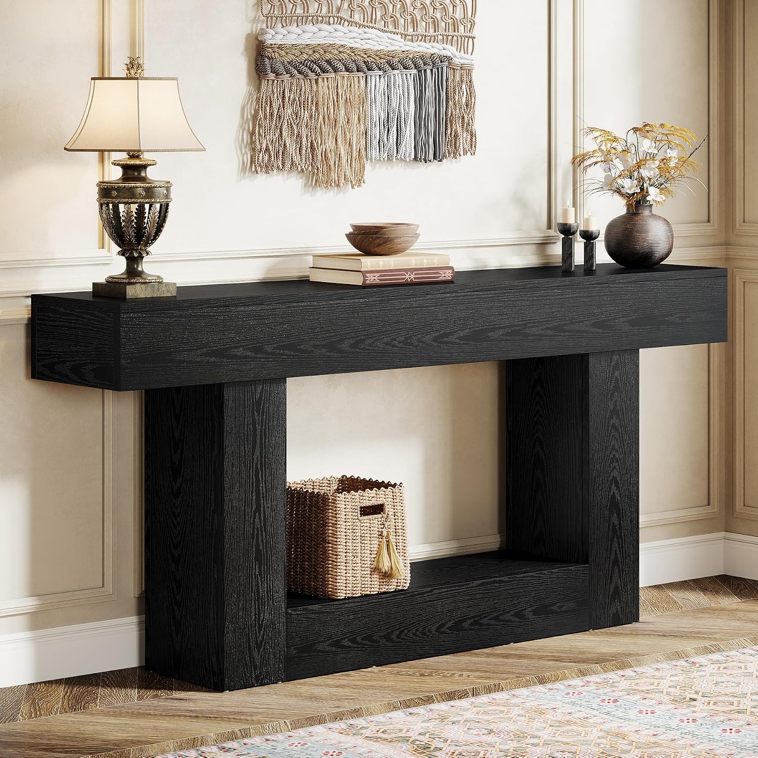 Tribesigns 63' Console Table, Farmhouse 2-Tier Entryway Table with U-Shaped Base, Narrow Long Wood Sofa Table Behind Couch Table for Living Room, Hallway, Foyer, Black