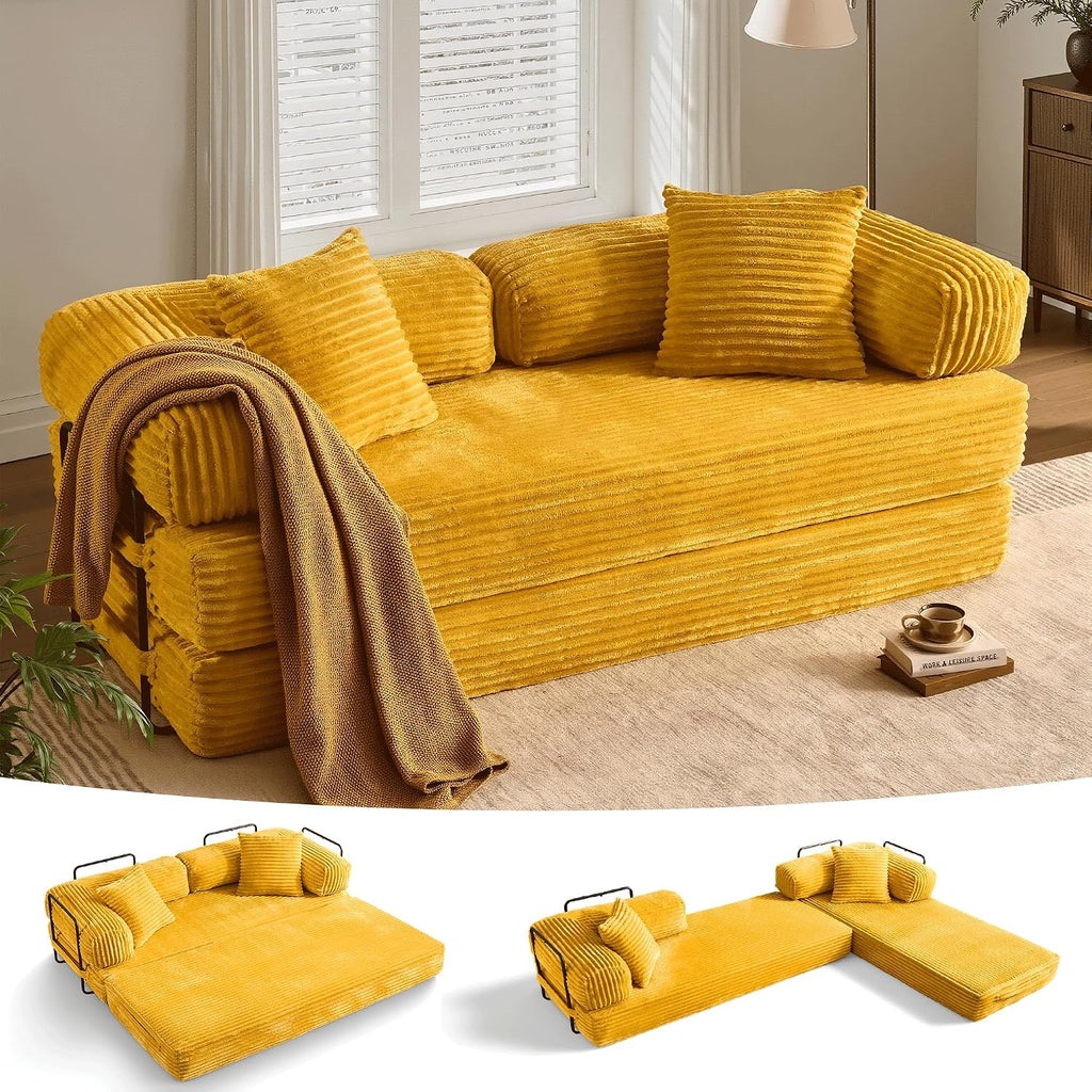 ovios 81' Folding Sofa Bed, Foldable Sleeper Boneless Couch with Pull Out Beds, Modular Convertible Floor Futon Loveseat Lounger for Living Room (Faux Fur, Yellow)