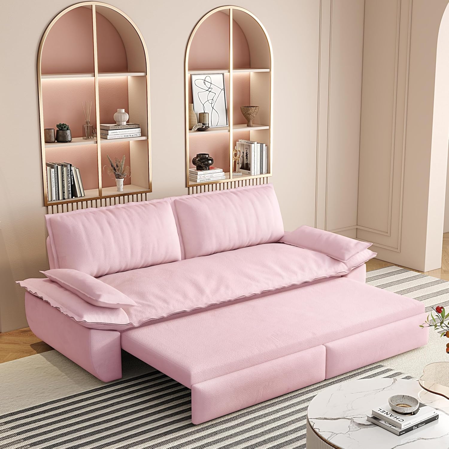 3-in-1 Convertible Sofa Bed Queen Size Pull Out Sleeper Sofa with Heavy Duty Metal Frame, Luxurious Velvet Upholstered Loveseat with 2 Pillows, Modern Folding Guest Bed for Living Room, Apartment | Removable Cushions