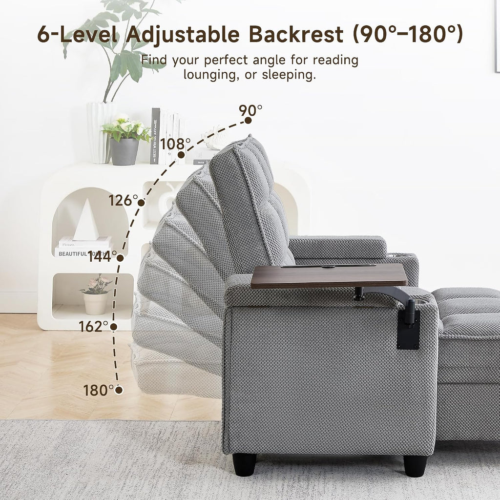 41.7' Oversized Chaise Lounge Chair Indoor, Boucle Upholstered Sofa Bed with Adjustable Backrest, Deep Seat Reading Chair, Sofas Couches for Living Room, Storage, Cup Holders & 360° Swivel Side Table