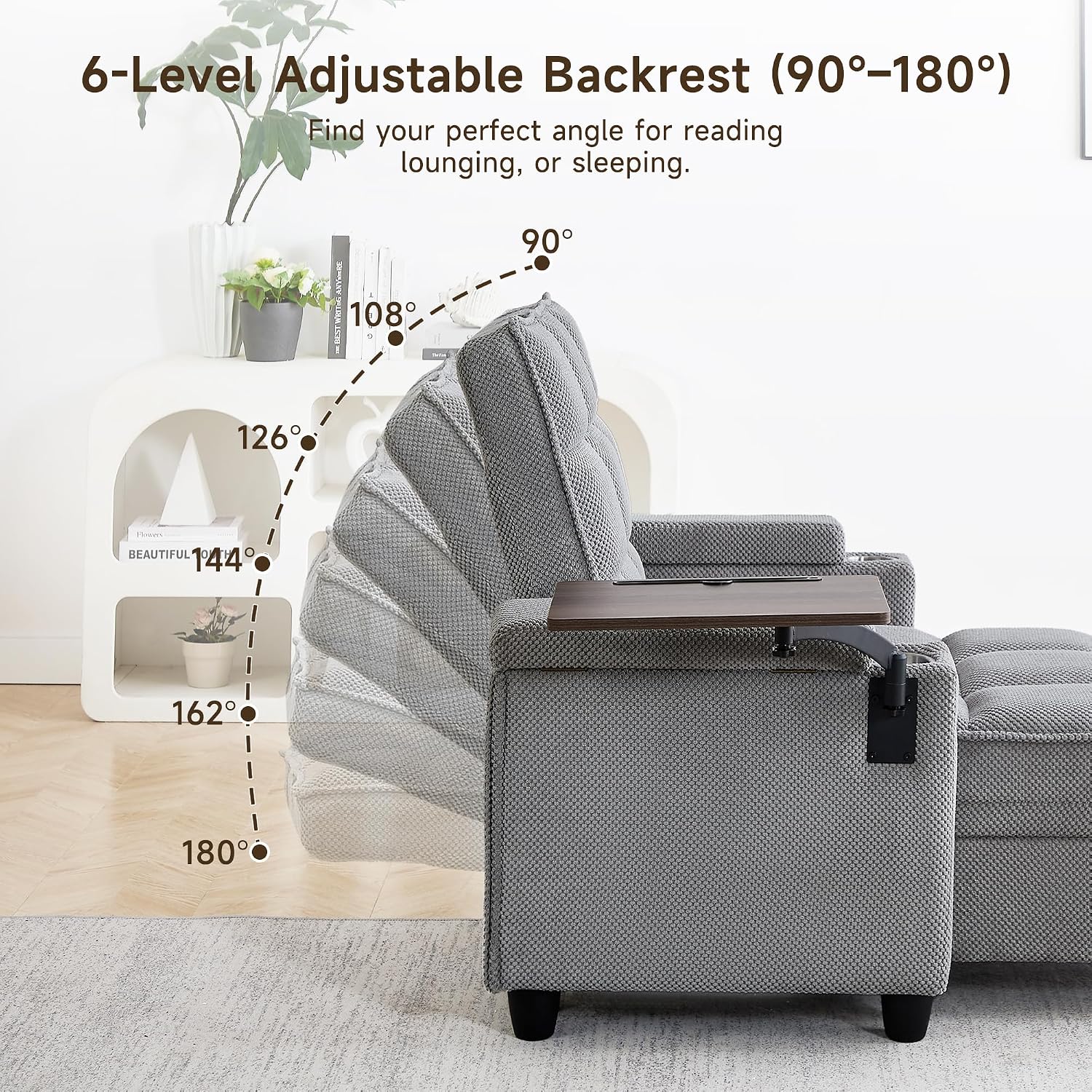 41.7' Oversized Chaise Lounge Chair Indoor, Boucle Upholstered Sofa Bed with Adjustable Backrest, Deep Seat Reading Chair, Sofas Couches for Living Room, Storage, Cup Holders & 360° Swivel Side Table