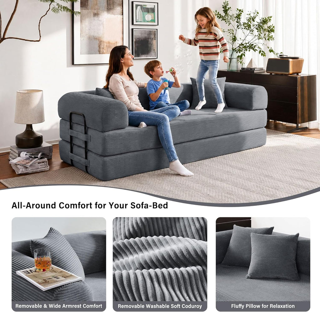 79' Convertible Sofa Bed, 5-in-1 Corduroy Boneless Couch Bed Sofa Pull Out, Memory Foam Couch, No Assembly Futon Couches for Living Room (Dark Gray)