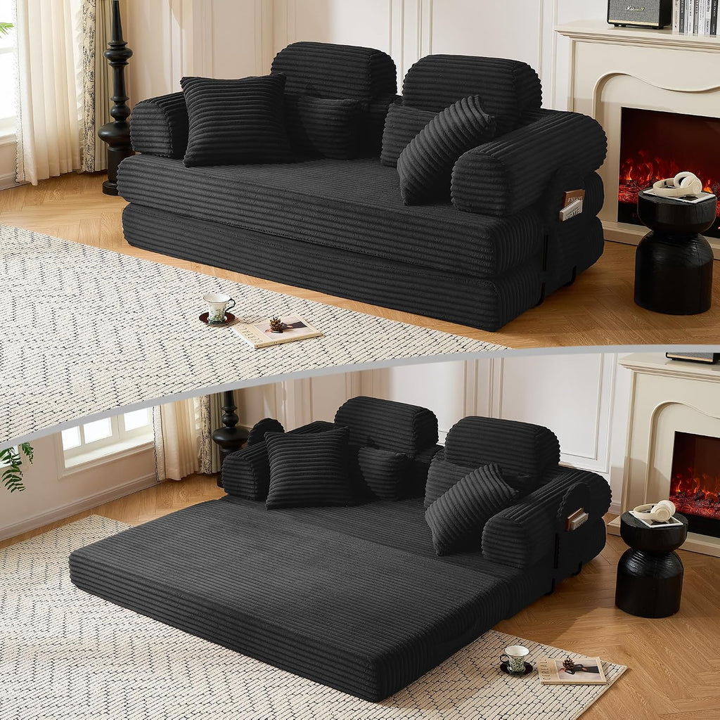 79' Sofa Bed, Deep Seat 32' Sleeper Sofa, 5-in-1 Convertible Sofa Bed, Boneless Couch in a Box, Corduroy Floor Futon with Thickened backrest and Headrest Pillows, Side Pockets, Black