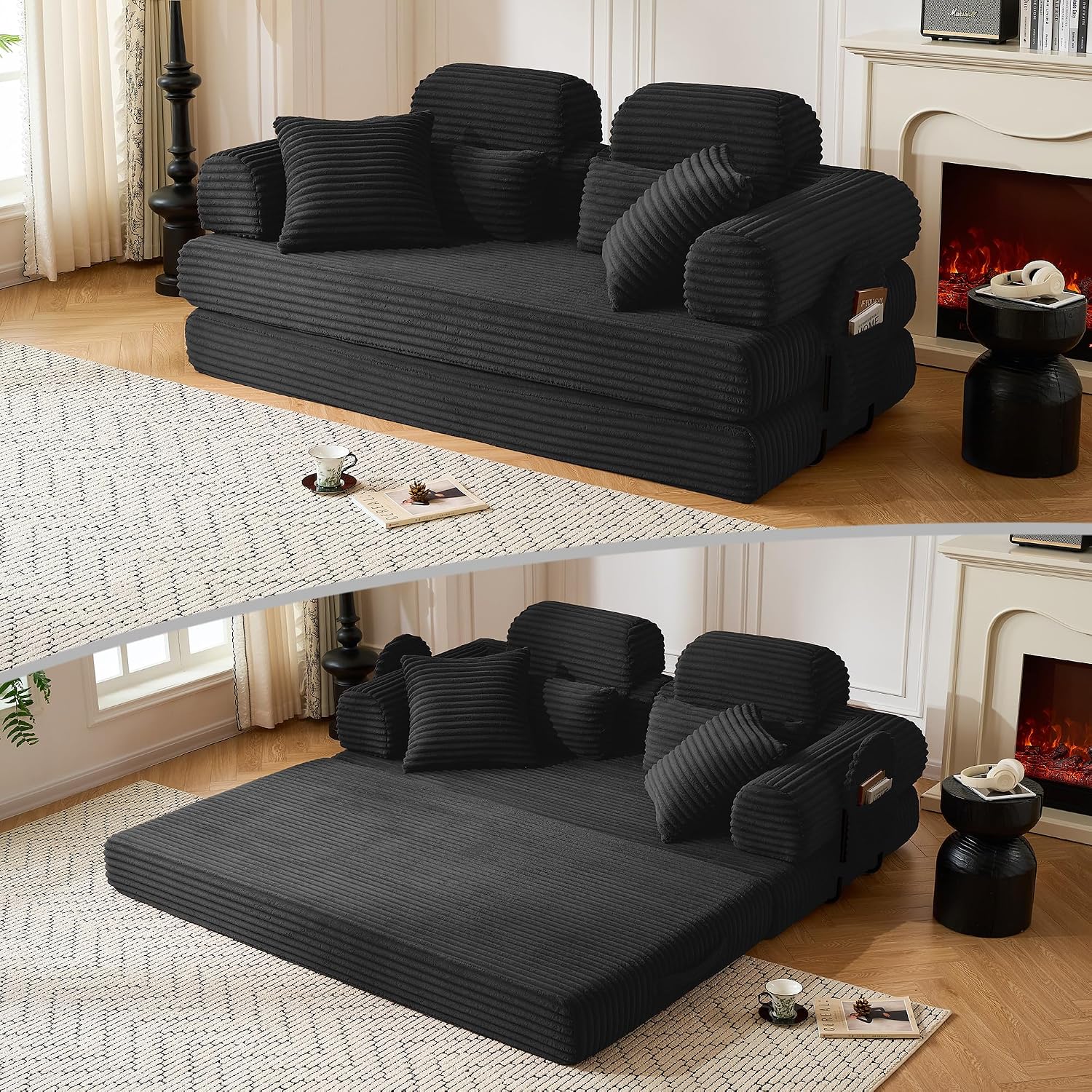 79' Sofa Bed, Deep Seat 32' Sleeper Sofa, 5-in-1 Convertible Sofa Bed, Boneless Couch in a Box, Corduroy Floor Futon with Thickened backrest and Headrest Pillows, Side Pockets, Black