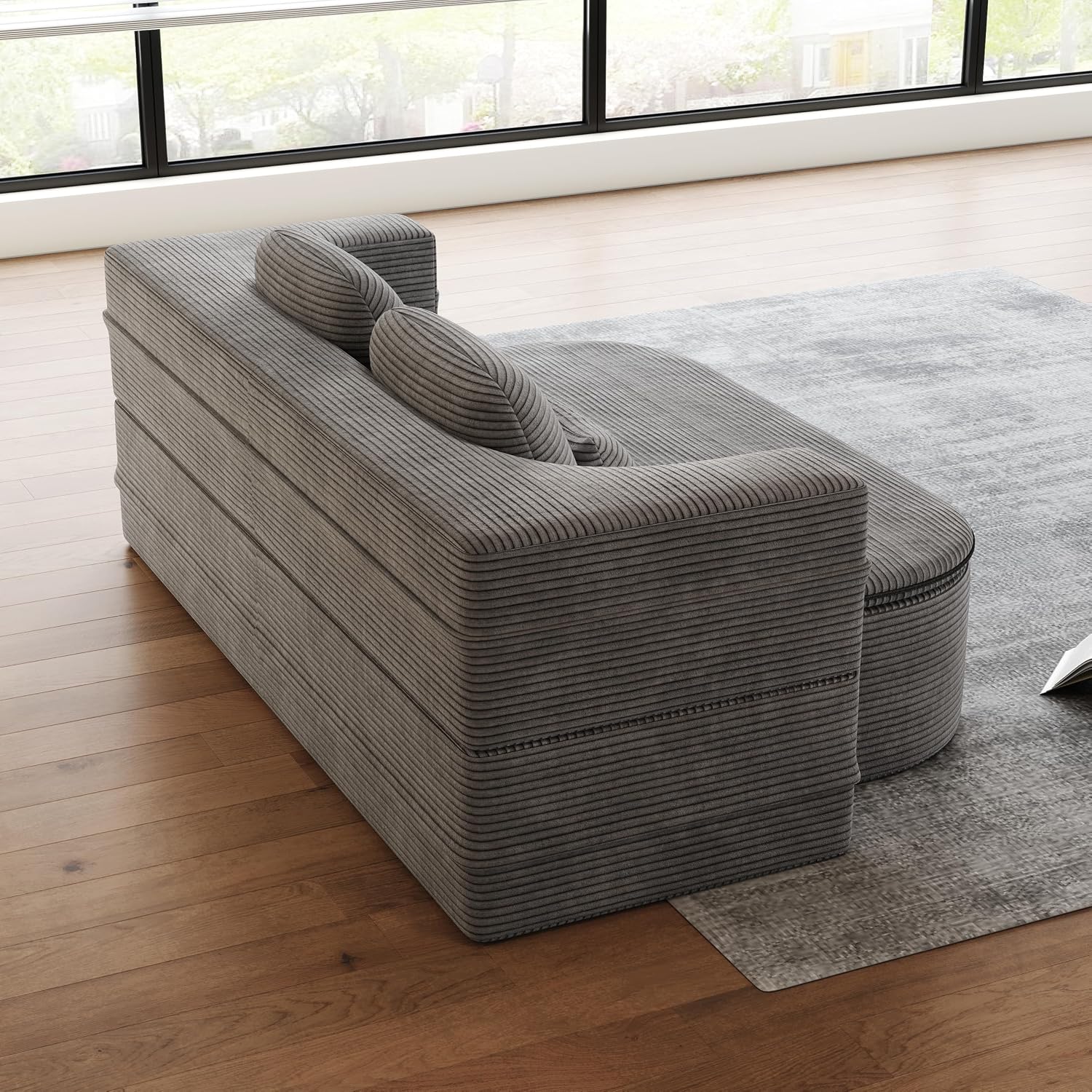 Convertible Folding Futon Sofa Bed, 2-in-1 Corduroy Love seat Sleeper Sofa with Functional Blanket, Foldable Full Size Guest Couch Bed with 4 Soft Pillows for Living Room (Grey)