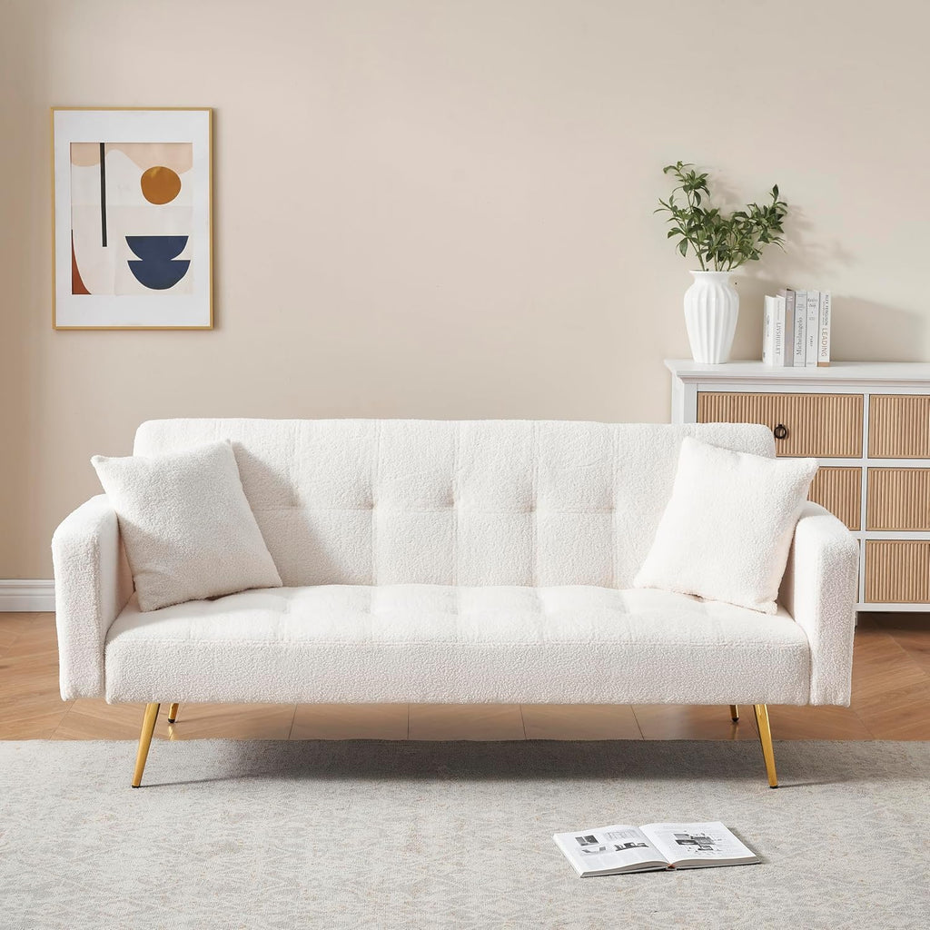 KEIKI 72' Folding Futon Sofa Couch w/Adjustable Backrest, Mid Century Modern Loveseat Convertible to Sleeper Bed, Small Comfy Teddy Cloud Couch SofaBed for Living Room & Bedroom, 2 Pillows, Beige
