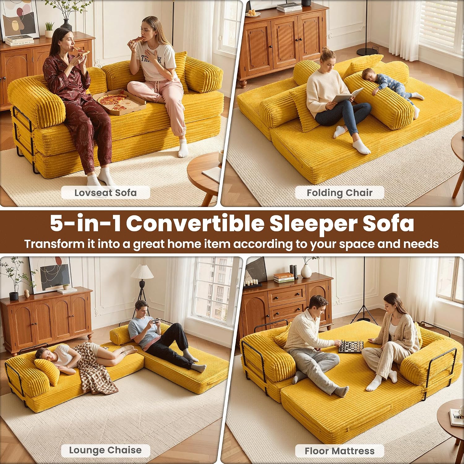 ovios 81' Folding Sofa Bed, Foldable Sleeper Boneless Couch with Pull Out Beds, Modular Convertible Floor Futon Loveseat Lounger for Living Room (Faux Fur, Yellow)