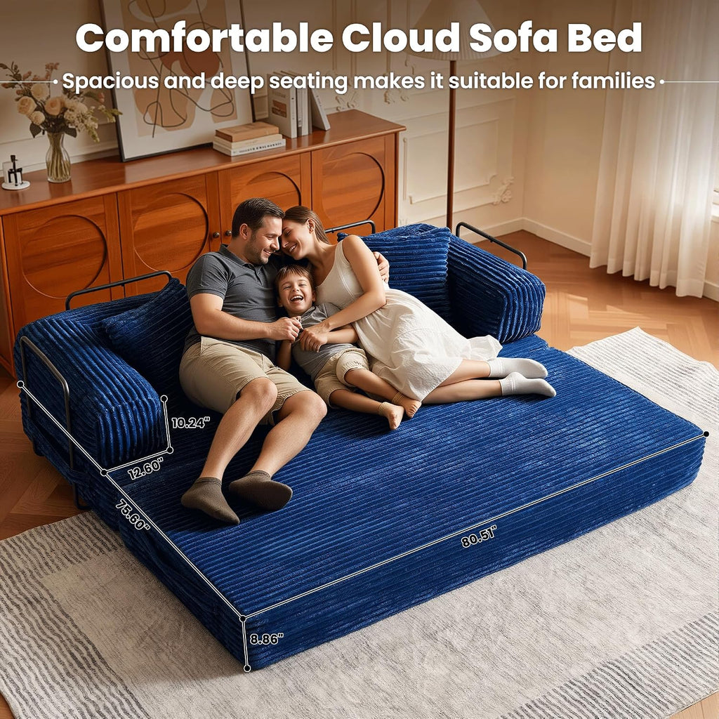 ovios 81' Folding Sofa Bed, Foldable Sleeper Boneless Couch with Pull Out Beds, Modular Convertible Floor Futon Loveseat Lounger for Living Room (Faux Fur, Blue)