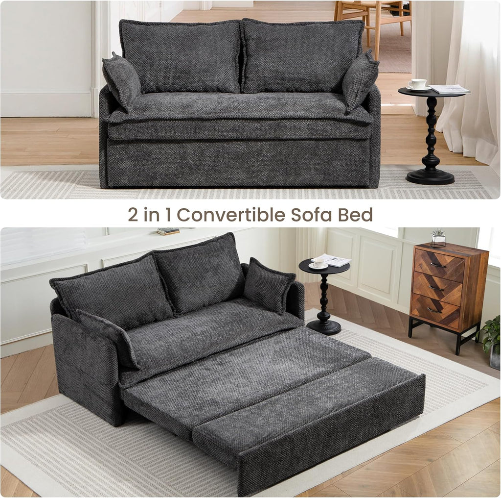 SUNWAVE 60' Queen Pull Out Sofa Bed - Convertible Sleeper Sofa Bed, Corduroy Loveseat Pull Out Couch with USB Charging, Side Pockets for Living Room, Bedroom, Small Spaces(Charcoal, 60')