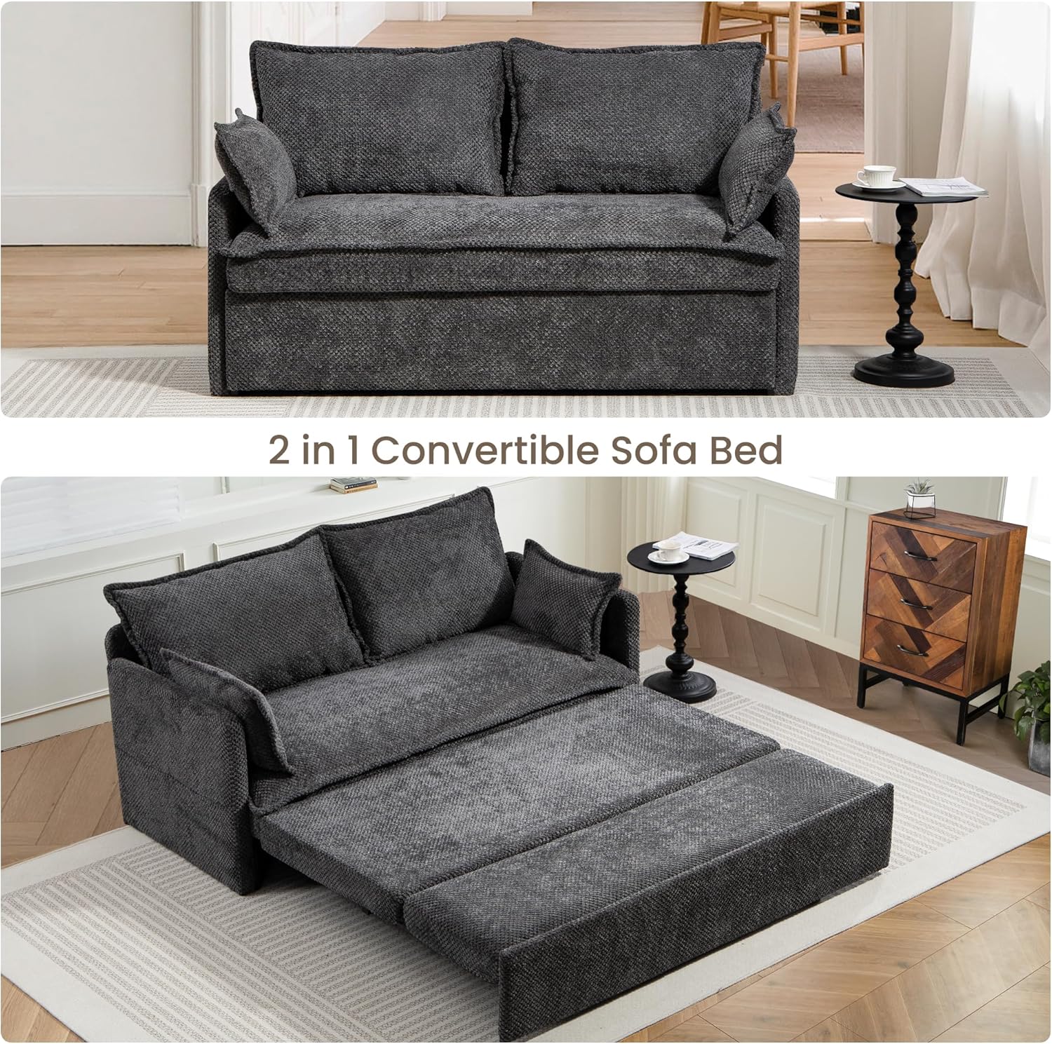 SUNWAVE 60' Queen Pull Out Sofa Bed - Convertible Sleeper Sofa Bed, Corduroy Loveseat Pull Out Couch with USB Charging, Side Pockets for Living Room, Bedroom, Small Spaces(Charcoal, 60')