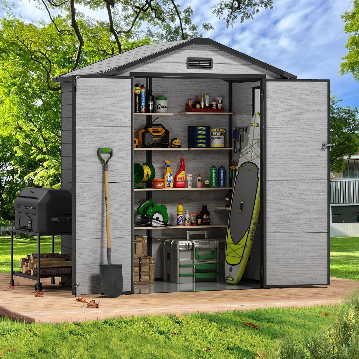 6×4FT Plastic Outdoor Storage Shed, Double Door Tool Shed with Vent, Lockable Door with Key, Storing Patio Furniture, Gardening Tools, and Bicycle Accessories