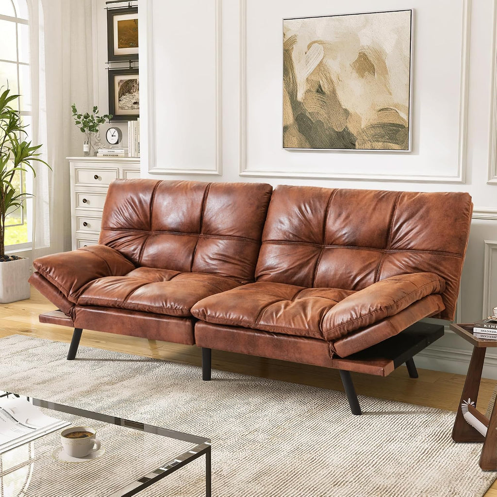 71' Convertible Futon Sofa Bed,Faux Leather Futon Couch,Memory Foam Loveseat Sleeper Sofa,Small Splitback Modern Folding Couch for Living Room,Office,Apartment,Saddle Brown