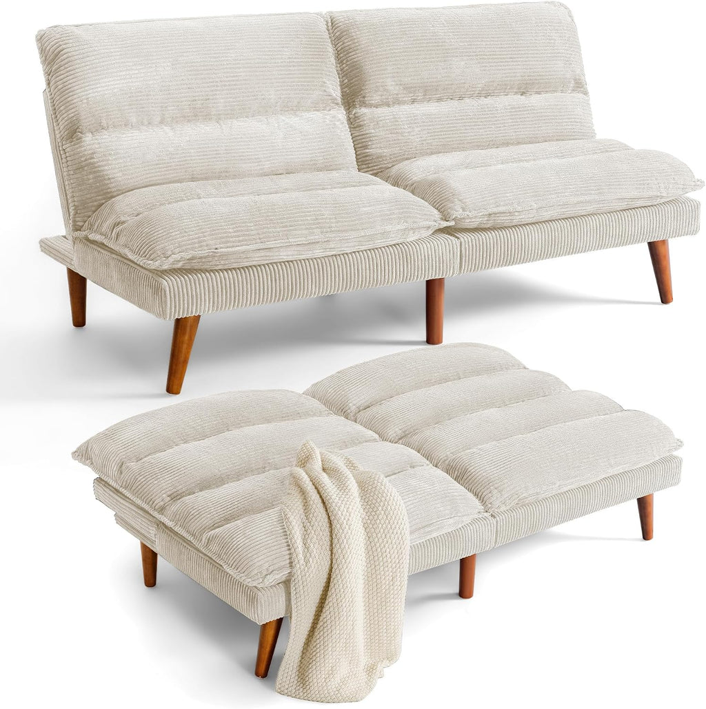 Flamaker Convertible Futon Sofa Bed Futon Couch with Adjustable Back Upholstered Sleeper Sofa Bed for Living Room Furniture (Corduroy, White)