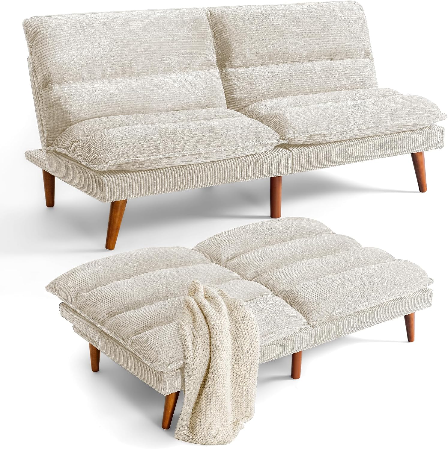 Flamaker Convertible Futon Sofa Bed Futon Couch with Adjustable Back Upholstered Sleeper Sofa Bed for Living Room Furniture (Corduroy, White)