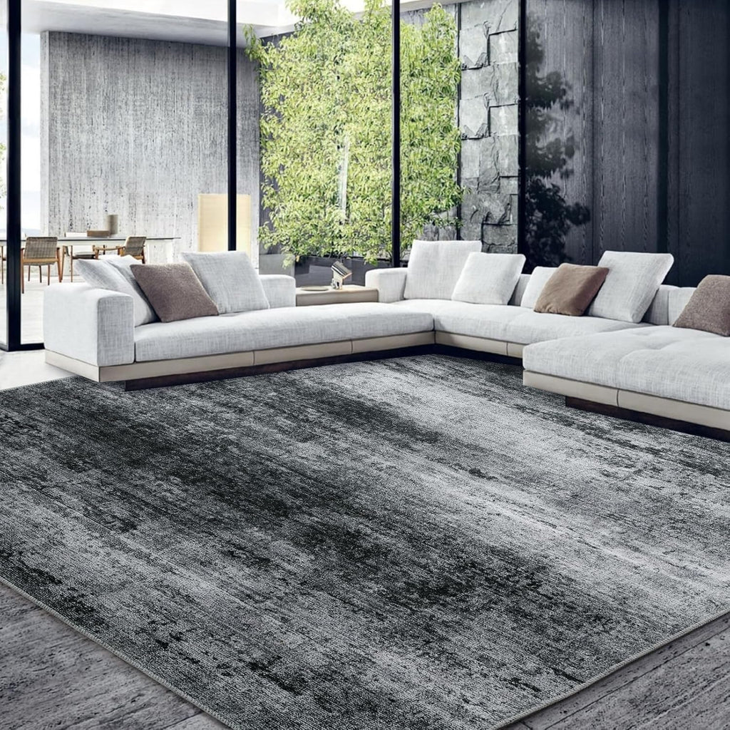 HOMBYS Modern Area Rug for Living Room Bedroom, Large Boho Floor Carpet with Non-Slip Backing for Indoor Office Dining Room, Abstract Home Deco Non-Shedding, Machine Washable (Black, 10 x 14 ft)