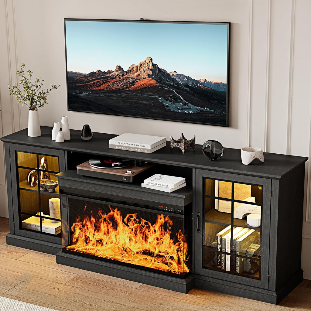 MXV 80'' Fireplace TV Stand, Farmhouse Entertainment Center with 3 Sided Glass TV Stand, Modern Media Console Table with Storage Drawers & Cabinets with LED Flame and Lights for Living Room, Black