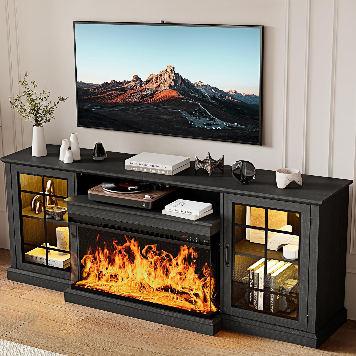 MXV 80'' Fireplace TV Stand, Farmhouse Entertainment Center with 3 Sided Glass TV Stand, Modern Media Console Table with Storage Drawers & Cabinets with LED Flame and Lights for Living Room, Black