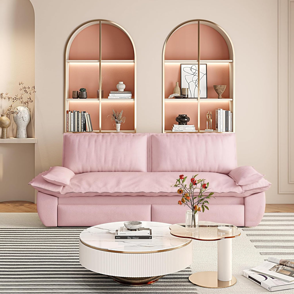 73.2' Sofa Bed Queen, 3-in-1 Pull Out Sofa Bed with Pillow Armrest, Modern Velvet Convertible Sleeper Futon Sofa for Living Room Small Space, Apartment, Bedroom, Pink