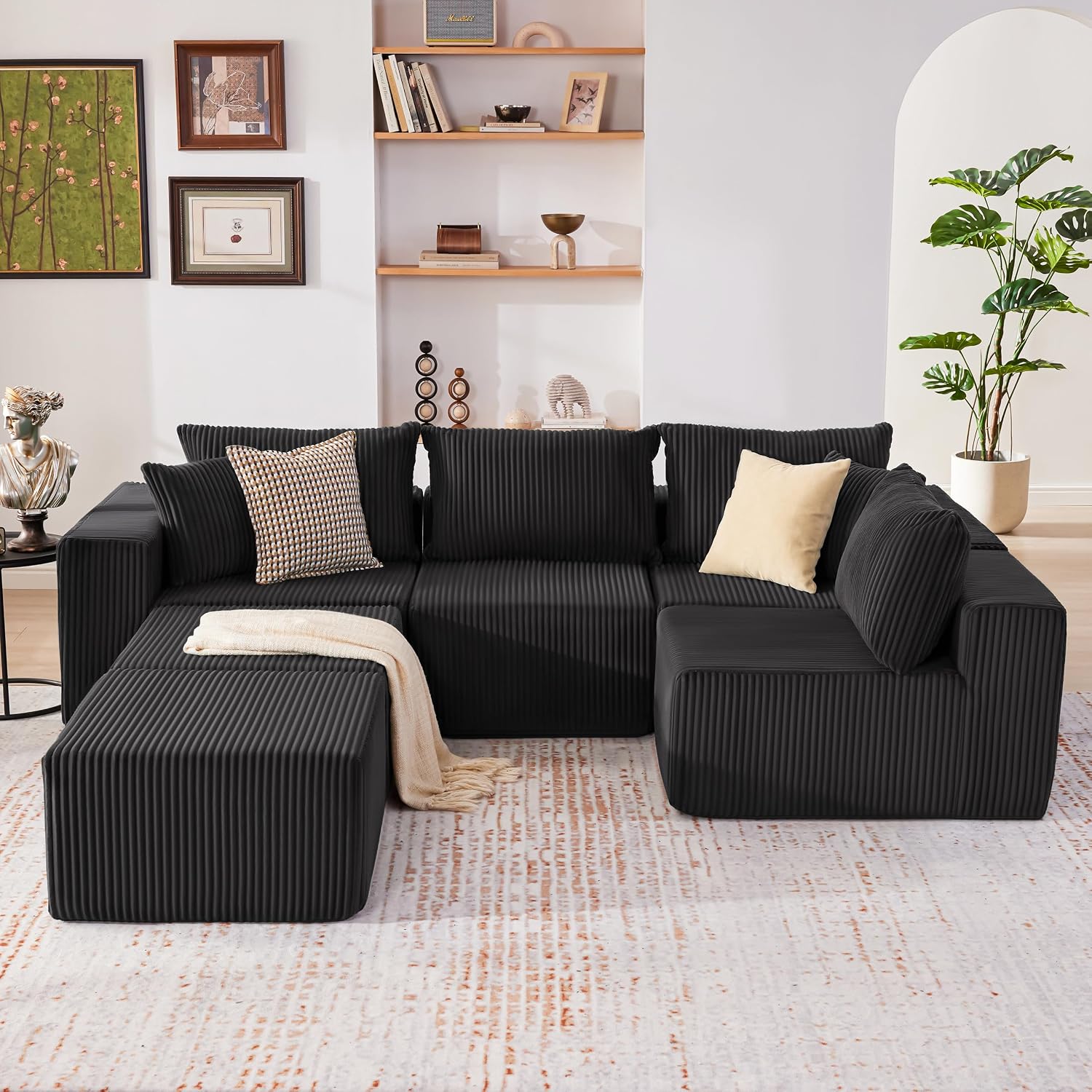 Weture 135.4' Cloud Couch Sectional, Modular Sectional Sofa with Deep Seat, Plush Corduroy U Shaped Boneless Couch, Convertible Sectional Couches for Living Room, 6Seat, Black